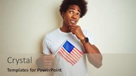  Presentation with america flag - Audience pleasing slide deck consisting of afro man holding united estates of america usa flag standing over isolated white background serious face thinking about question very confused idea backdrop and a mint green colored foreground