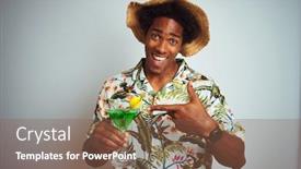  Presentation with happy holidays - Slide set consisting of afro man on holidays wearing summer hat drinking cocktail over isolated white background very happy pointing with hand and finger background and a violet colored foreground