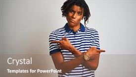  Presentation with polo - Beautiful PPT layouts featuring afro man with dreadlocks wearing striped blue polo standing over isolated white background pointing to both sides with fingers different direction disagree backdrop and a coral colored foreground
