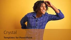  Presentation with far away - Beautiful slides featuring afro-man-with-dreadlocks-wearing backdrop and a gold colored foreground