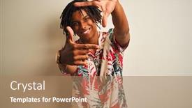  Presentation with afro - Colorful presentation theme enhanced with afro man with dreadlocks on vacation wearing summer shirt over isolated white background smiling making frame with hands and fingers with happy face creativity and photography concept backdrop and a coral colored foreground
