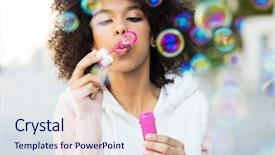  Presentation with afro - Presentation theme having afro woman blowing soap bubbles background and a sky blue colored foreground