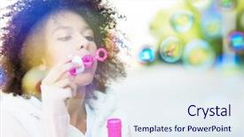  Presentation with soap sparkling air bubbles - PPT theme enhanced with afro woman blowing soap bubbles background and a sky blue colored foreground