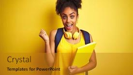  Presentation with backpack - Audience pleasing presentation theme consisting of afro-woman-using-backpack backdrop and a gold colored foreground