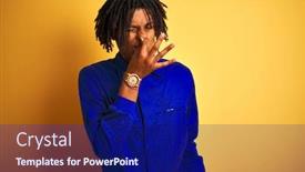  Presentation with breath - Amazing slide set having afro worker man with dreadlocks wearing mechanic uniform over isolated yellow background smelling something stinky and disgusting intolerable smell holding breath with fingers on nose bad smells backdrop and a navy blue colored foreground