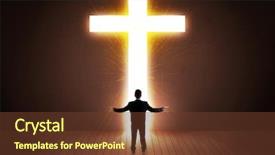  Presentation with railroad crossing railroad crossing sign - Colorful presentation theme enhanced with afterlife - man looking at bright cross backdrop and a tawny brown colored foreground