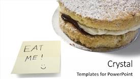  Presentation with notepaper - PPT theme having good afternoon - cake slice with 'eat me' background and a white colored foreground