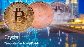 Presentation with money bitcoin crypto currency gold - Slide deck with agains skyscrapers - futuristic smart city background and a  colored foreground
