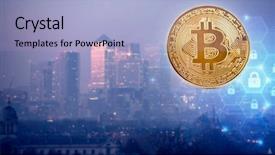  Presentation with money bitcoin crypto currency gold - Slide deck enhanced with agains skyscrapers - futuristic smart city background and a  colored foreground