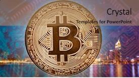  Presentation with money bitcoin crypto currency gold - Amazing slide set having agains skyscrapers - futuristic smart city backdrop and a  colored foreground