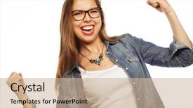  Presentation with celebrate office success - Presentation theme enhanced with agape - happy excited woman celebrating her background and a soft green colored foreground