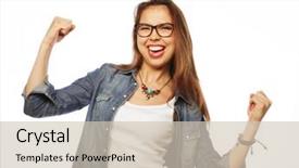  Presentation with portrait of excited overjoyed female - Presentation theme consisting of agape - portrait of happy excited woman background and a soft green colored foreground