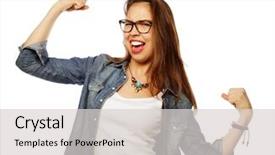  Presentation with portrait of excited overjoyed female - Colorful PPT theme enhanced with agape - portrait of happy excited woman backdrop and a light gray colored foreground