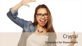  Presentation with portrait of excited overjoyed female - Beautiful presentation design featuring agape - portrait of happy excited woman backdrop and a lemonade colored foreground