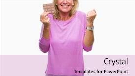  Presentation with eating - Slides consisting of age blonde woman eating chocolate background and a lilac colored foreground