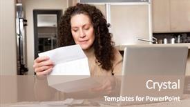  Presentation with shot - PPT theme featuring age caucasian woman paying bills background and a coral colored foreground