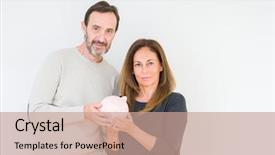  Presentation with piggy bank - Beautiful presentation theme featuring age couple holding piggy bank backdrop and a  colored foreground