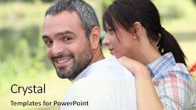  Presentation with portrait happy family smiling - Theme having age difference - portrait of happy couple outdoors background and a blonde colored foreground