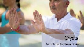  Presentation with park - Presentation consisting of age diversity - senior man exercising background and a light blue colored foreground