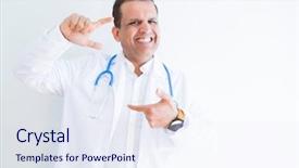  Presentation with medical smiling doctor - Slide deck having age doctor man wearing stethoscope background and a sky blue colored foreground