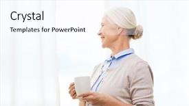  Presentation with tea coffee - PPT layouts featuring age drink and people concept - happy smiling senior woman with cup of tea or coffee at home background and a pink colored foreground