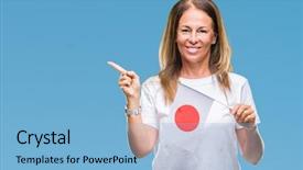  Presentation with japan flag - Beautiful presentation theme featuring age hispanic woman holding flag backdrop and a  colored foreground