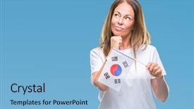  Presentation with korea flag - Cool new presentation theme with age hispanic woman holding flag backdrop and a light blue colored foreground