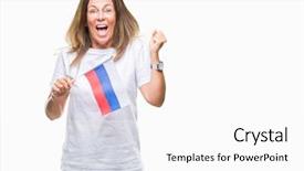  Presentation with russia flag - Amazing PPT theme having age hispanic woman holding flag backdrop and a  colored foreground