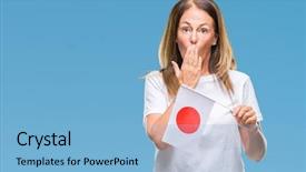  Presentation with japan flag - Presentation theme having age hispanic woman holding flag background and a  colored foreground