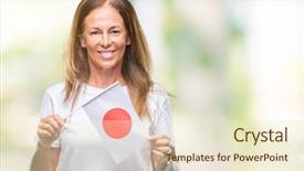  Presentation with japan flag - PPT theme featuring age hispanic woman holding flag background and a cream colored foreground