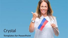  Presentation with russia flag - PPT theme having age hispanic woman holding flag background and a  colored foreground
