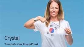  Presentation with korea flag - PPT theme featuring age hispanic woman holding flag background and a  colored foreground