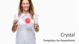  Presentation with japan flag - Colorful theme enhanced with age hispanic woman holding flag backdrop and a white colored foreground
