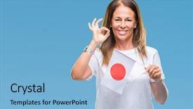  Presentation with japan flag - Cool new PPT theme with age hispanic woman holding flag backdrop and a  colored foreground
