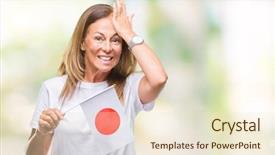  Presentation with japan flag - Slide set enhanced with age hispanic woman holding flag background and a  colored foreground