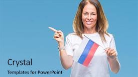  Presentation with russia flag - Audience pleasing slides consisting of age hispanic woman holding flag backdrop and a light blue colored foreground