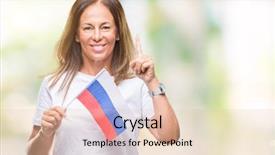  Presentation with russia flag - Slide set with age hispanic woman holding flag background and a lemonade colored foreground