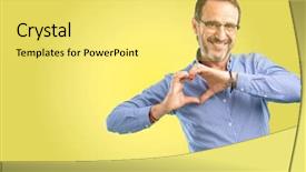  Presentation with hands the shape of a heart - Beautiful slide deck featuring age man happy showing love backdrop and a yellow colored foreground