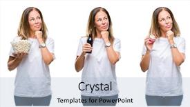  Presentation with stone age food - Colorful presentation theme enhanced with age mature woman eating food backdrop and a light blue colored foreground