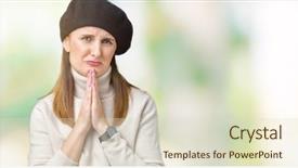  Presentation with praying hands - Theme consisting of age mature woman wearing winter background and a  colored foreground