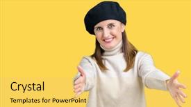  Presentation with hug - Colorful presentation theme enhanced with age mature woman wearing winter backdrop and a  colored foreground