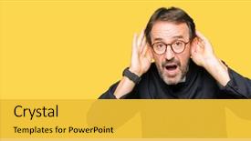  Presentation with hearing - Presentation with age priest man wearing catholic background and a yellow colored foreground