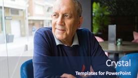  Presentation with restaurante - Slide set enhanced with age senior man drinking coffee background and a navy blue colored foreground