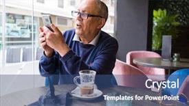  Presentation with restaurante - Presentation having age senior man drinking coffee background and a ocean colored foreground