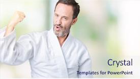  Presentation with man power service - Audience pleasing theme consisting of age senior man wearing kimono backdrop and a sky blue colored foreground