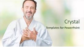  Presentation with man head in hands - PPT layouts featuring age senior man wearing kimono background and a soft green colored foreground