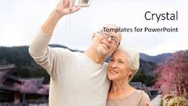  Presentation with tourism selfie - Audience pleasing theme consisting of age tourism travel technology backdrop and a cool aqua colored foreground