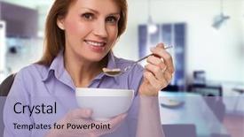  Presentation with breakfast cereal - Beautiful presentation theme featuring age woman eating breakfast cereal backdrop and a  colored foreground