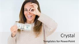  Presentation with bank - Audience pleasing slide deck consisting of age woman holding 20 dollars backdrop and a soft green colored foreground