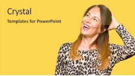  Presentation with hand print - Audience pleasing PPT theme consisting of age woman wearing leopard animal backdrop and a yellow colored foreground